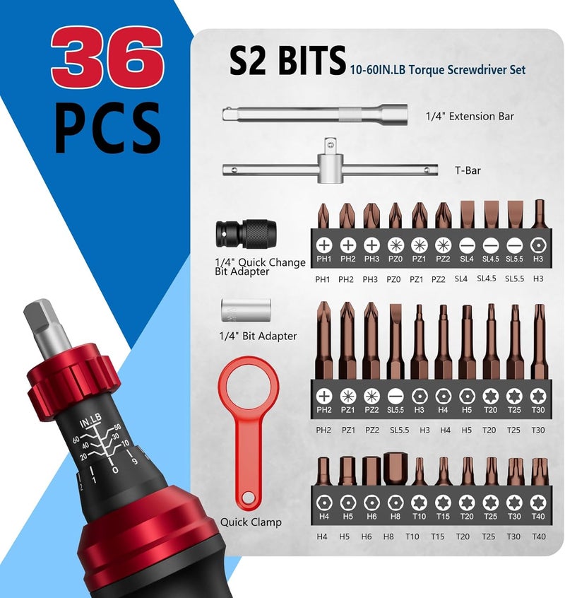 SUERCUP 10-60In.lb 1/4" Torque Screwdriver 36 PCS Set with T-bar, Hex, Torx, and Phillips S2 Bits,Torque Wrench Screwdriver for Scope and Car, Bike Mounting and Home DIY - Image 2